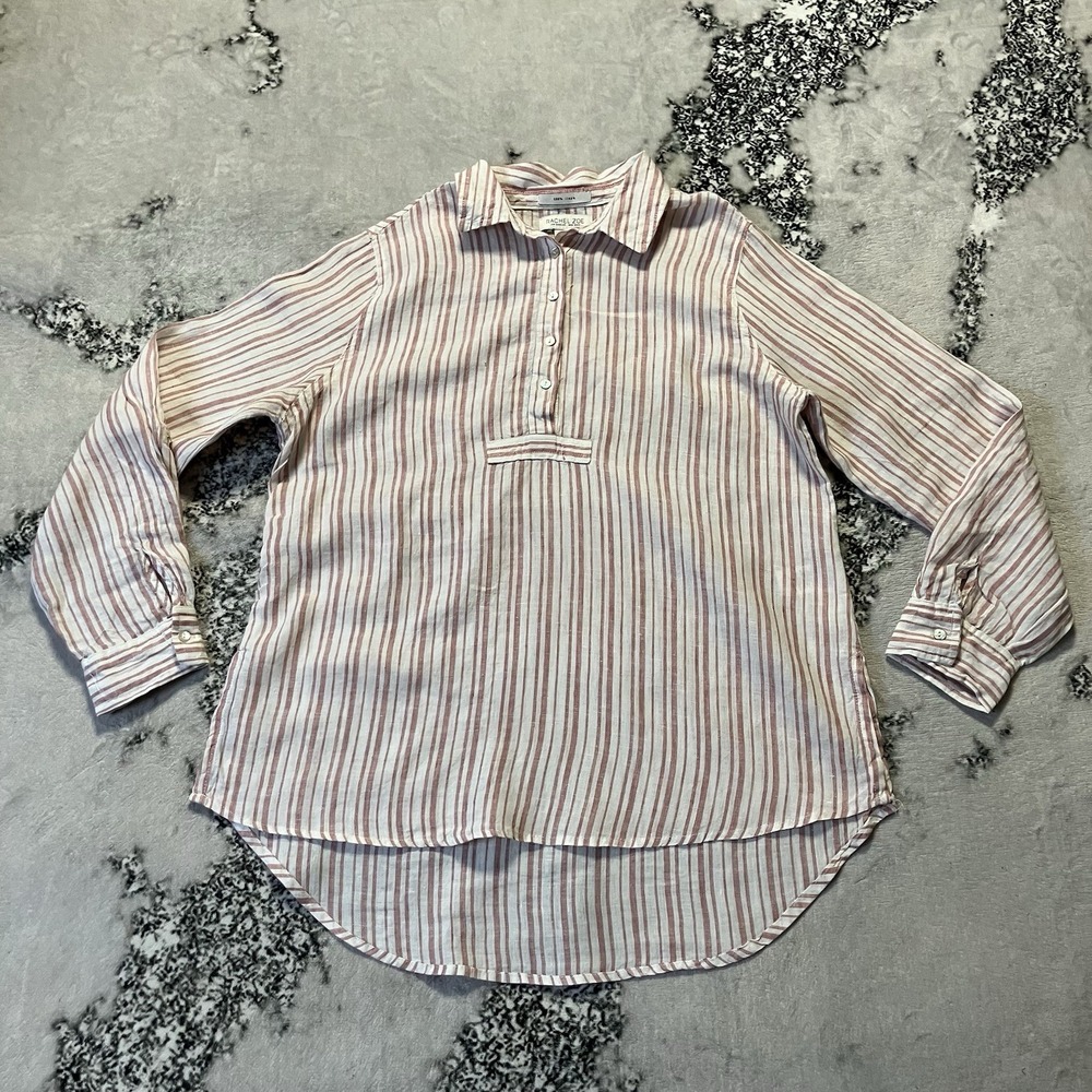 Rachel Zoe Linen Shirt Womens Size M Pink White Striped Popover Roll Tab Sleeve